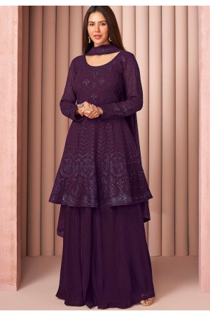 purple georgette embroidered sharara suit 8591