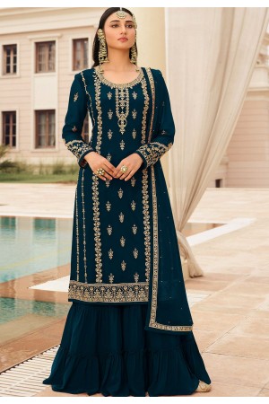 royal blue georgette embroidered sharara pakistani suit 73003