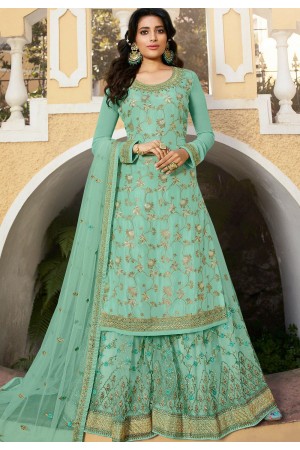 sea blue jacquard straight heavy palazzo suit 21405