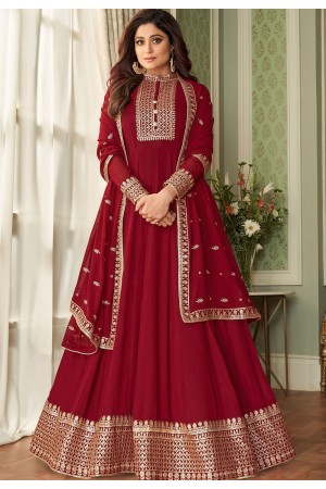 shamita shetty maroon georgette floor length anarkali suit 8629