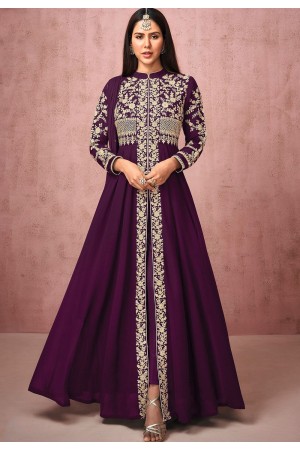 wine georgette embroidered front slit anarkali suit 8524e