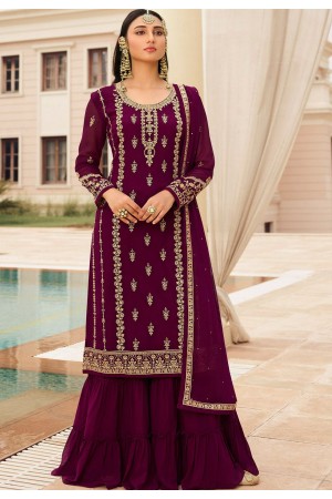 wine georgette embroidered sharara pakistani suit 73004