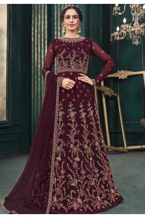 wine net embroidered floor length anarkali suit 3101