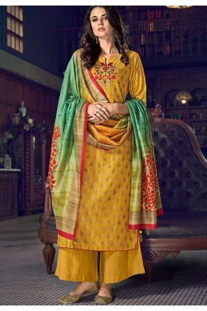 yellow art silk straight suit with jacquard printed dupatta 5008