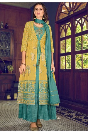 yellow blue art silk straight suit with cotton dupatta 5002