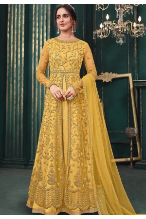 yellow net embroidered floor length anarkali suit 3103