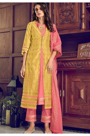 yellow pink art silk straight trouser suit 5012