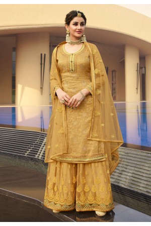 Golden jacquard silk embroidered kameez with palazzo 6707