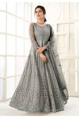 Grey net embroidered long anarkali suit 106