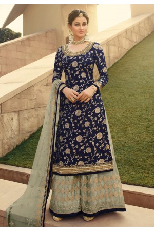 Navy blue jacquard silk embroidered kameez with palazzo 6706