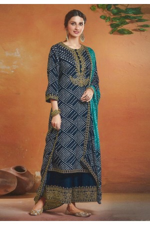 Navy blue tussar silk palazzo suit 119930