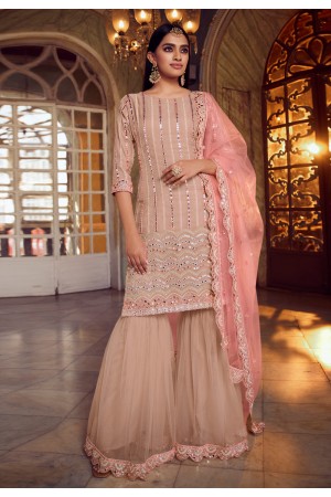 Peach organza mirror work sharara suit 5207