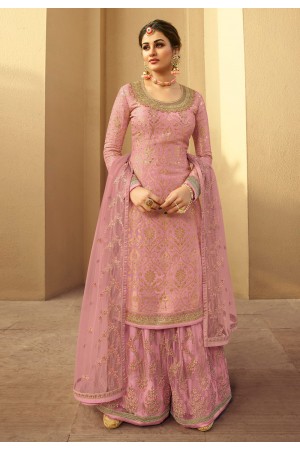 Pink jacquard silk embroidered kameez with palazzo 6704