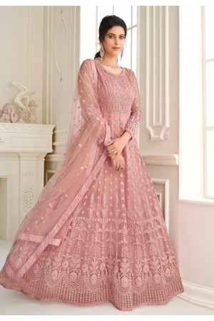 Pink net embroidered long anarkali suit 105