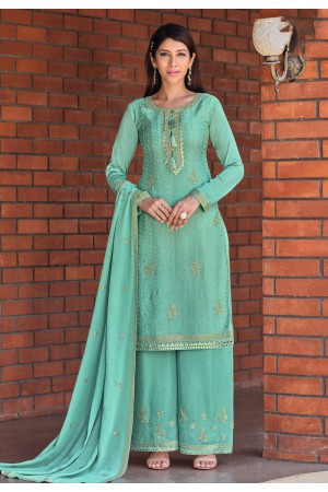 Sea green chinon kameez with palazzo 5229