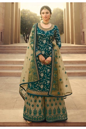 Teal jacquard silk embroidered kameez with palazzo 6703
