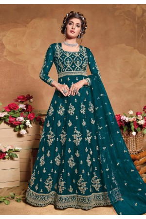 Teal net embroidered abaya style anarkali suit 5105B