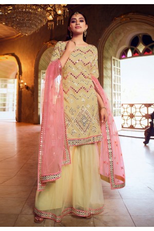 Yellow organza mirror work sharara suit 5201