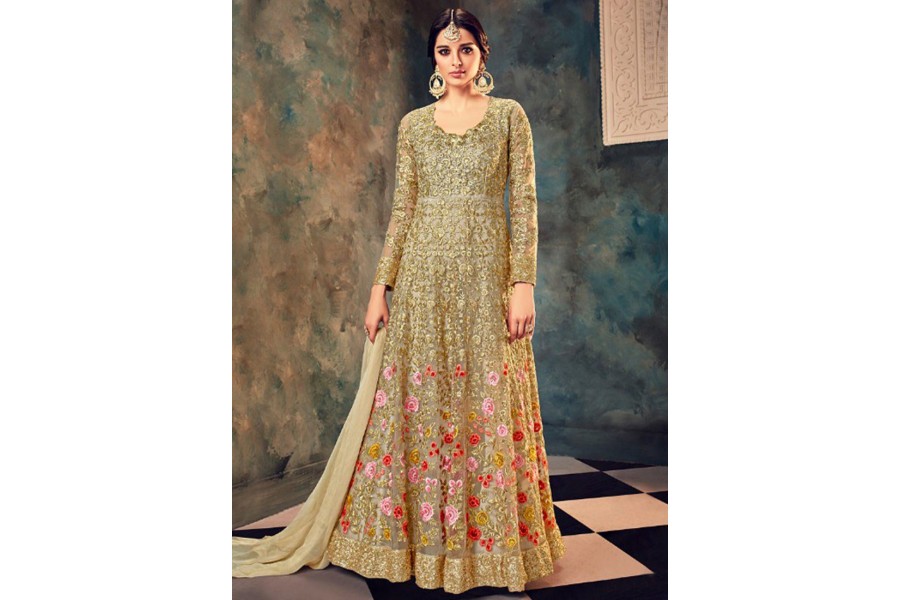 Beauteous Beige Floral Embroidered Designer Net Anarkali Suit main image 1