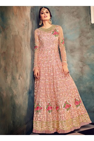 Peach color net wedding wear anarkali suit