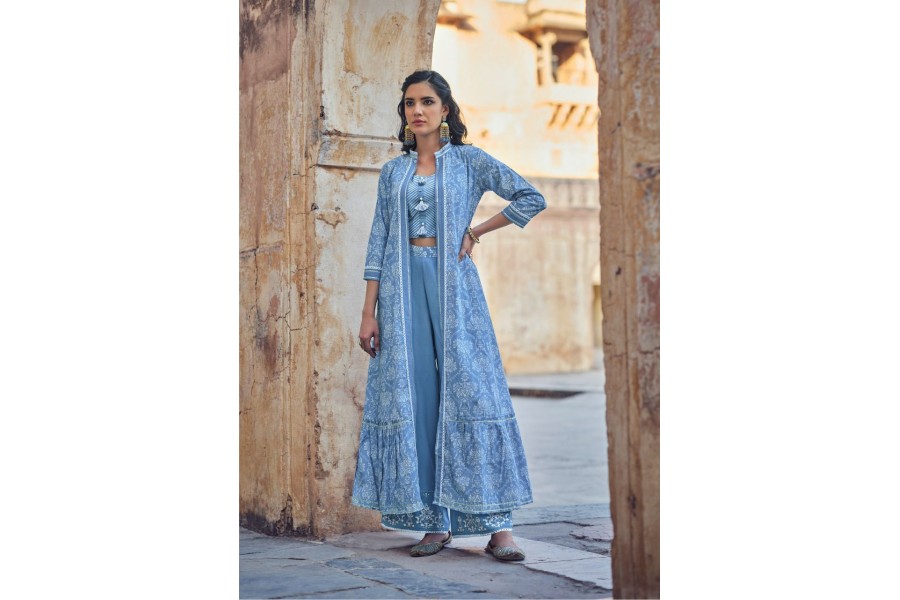 Women Indo Western Floral Printed Crop Top With Shrug & Palazzo Ethnic Co-Ords Set