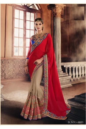 Party-wear-Chikoo-Red-color-saree