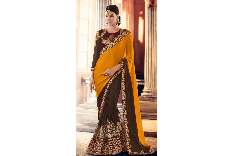 PartywearMustardBrowncolorsaree