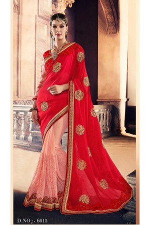 Party-wear-Red-Peach-color-saree