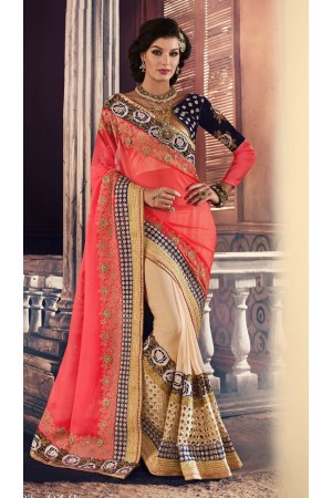 Party-wear-TomatoRed-Beige-color-saree