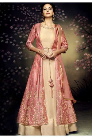 Mauve net and satin silk jacket style gown anarkali suit 3077