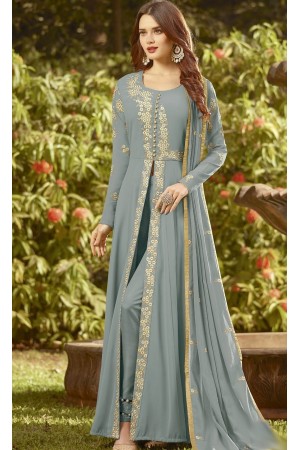 blue soft georgette long embroidered trouser style suit 20019