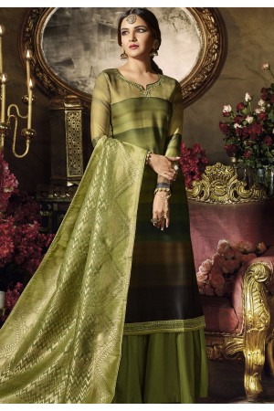 green satin georgette digital printed sharara style pakistani suit 11041