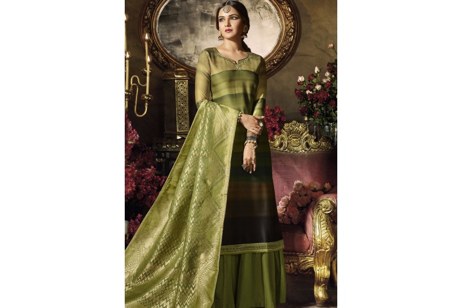 green satin georgette digital printed sharara style pakistani suit 11041 green satin georgette digital printed sharara style pakistani suit 11041