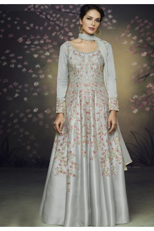 grey satin silk gown style embroidered anarkali suit 3074