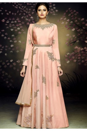 peach satin silk gown style long anarkali suit 3079