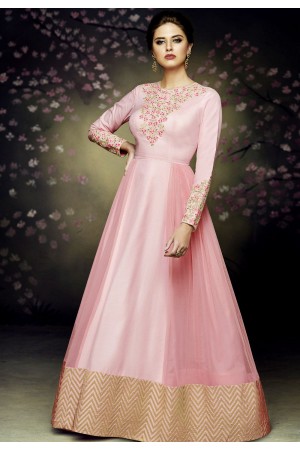 pink satin silk gown style anarkali suit 3075