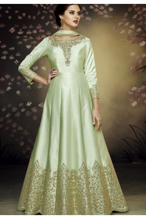 pista green satin silk gown style embroidered anarkali suit 3076