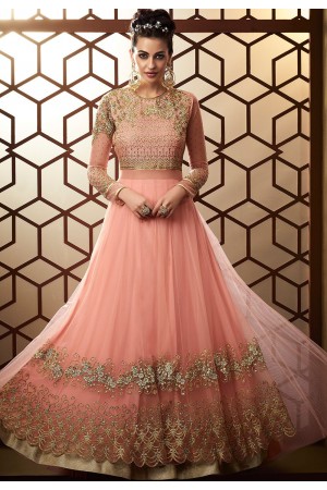 baby pink net embroidered floor length anarkali suit 15009