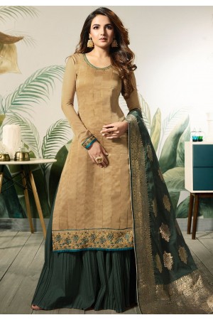 beige green satin silk sharara style pakistani suit 12004