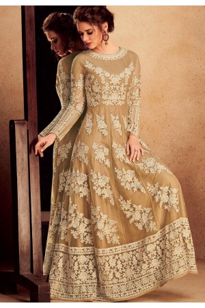 beige silk net resham embroidered long anarkali suit 39004