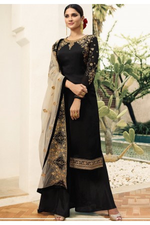 black satin georgette embroidered palazzo style pakistani suit 16204