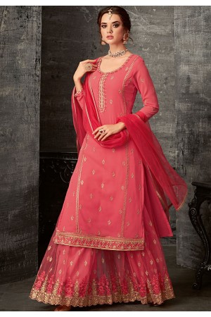 bright pink georgette embroidered palazzo style pakistani suit 62003