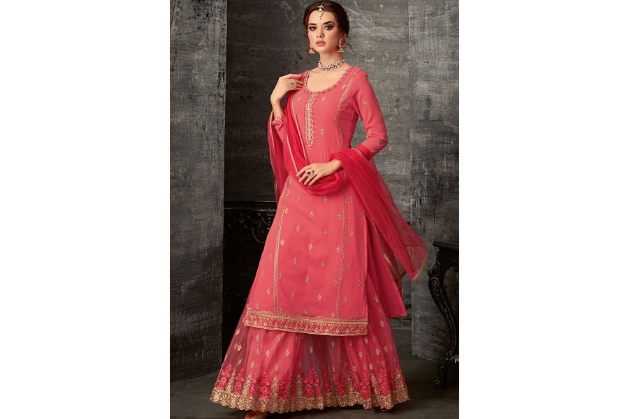 Pink Designer Pakistani Semi-Stitched Palazzo Suit With Embroidery Diamond Work main image 1