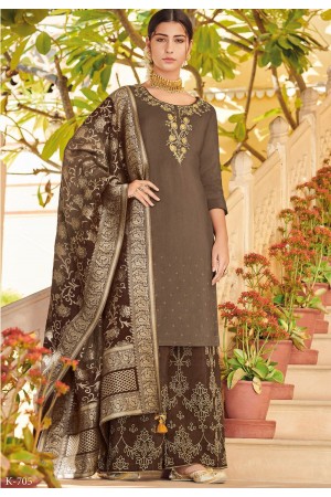 brown elegant silk embroidered palazzo style pakistani suit 705