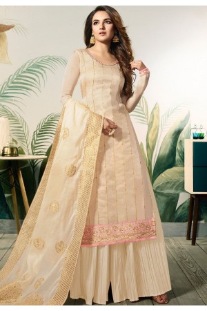 cream satin silk sharara style pakistani suit 12006