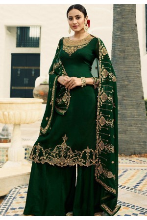 dark green satin georgette embroidered sharara style pakistani suit 16206