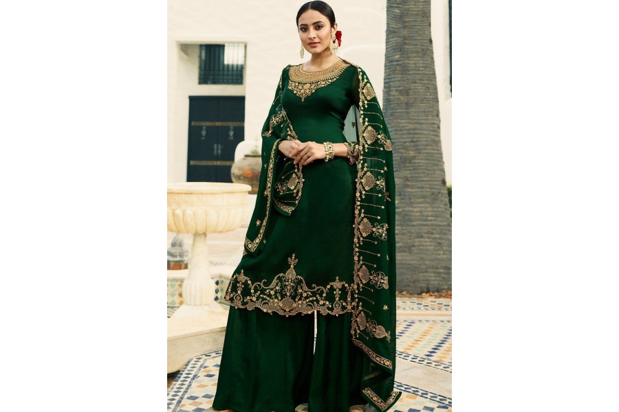 Dark Green Satin Georgette Embroidered Sharara Style Pakistani Suit 16206 