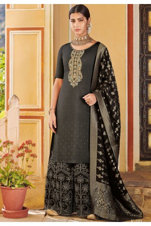 dark grey elegant silk embroidered palazzo style pakistani suit 703