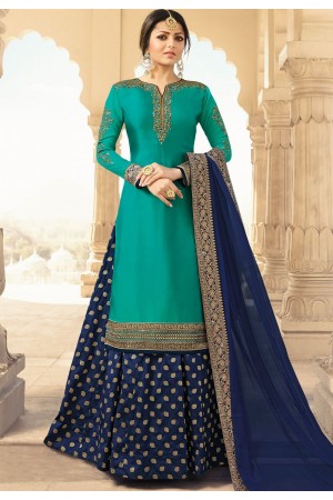 drashti dhami blue satin georgette floor length lehenga style suit 3308