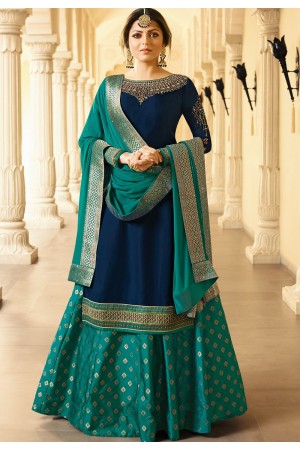 drashti dhami blue satin georgette lehenga style suit 3305